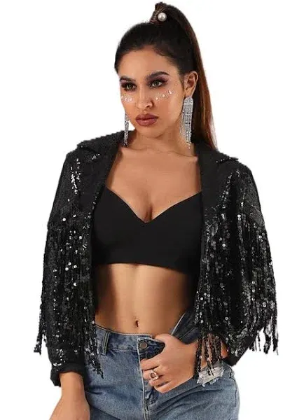 EVILD Women’s Sequins Party Bomber Jackets Long Sleeve Glitter Jacket Tassel Spa