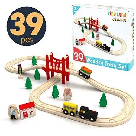 Tiny Land Toy Train Set- 39 Piece Wooden Track & Train Pack Fits Thomas, Brio ...