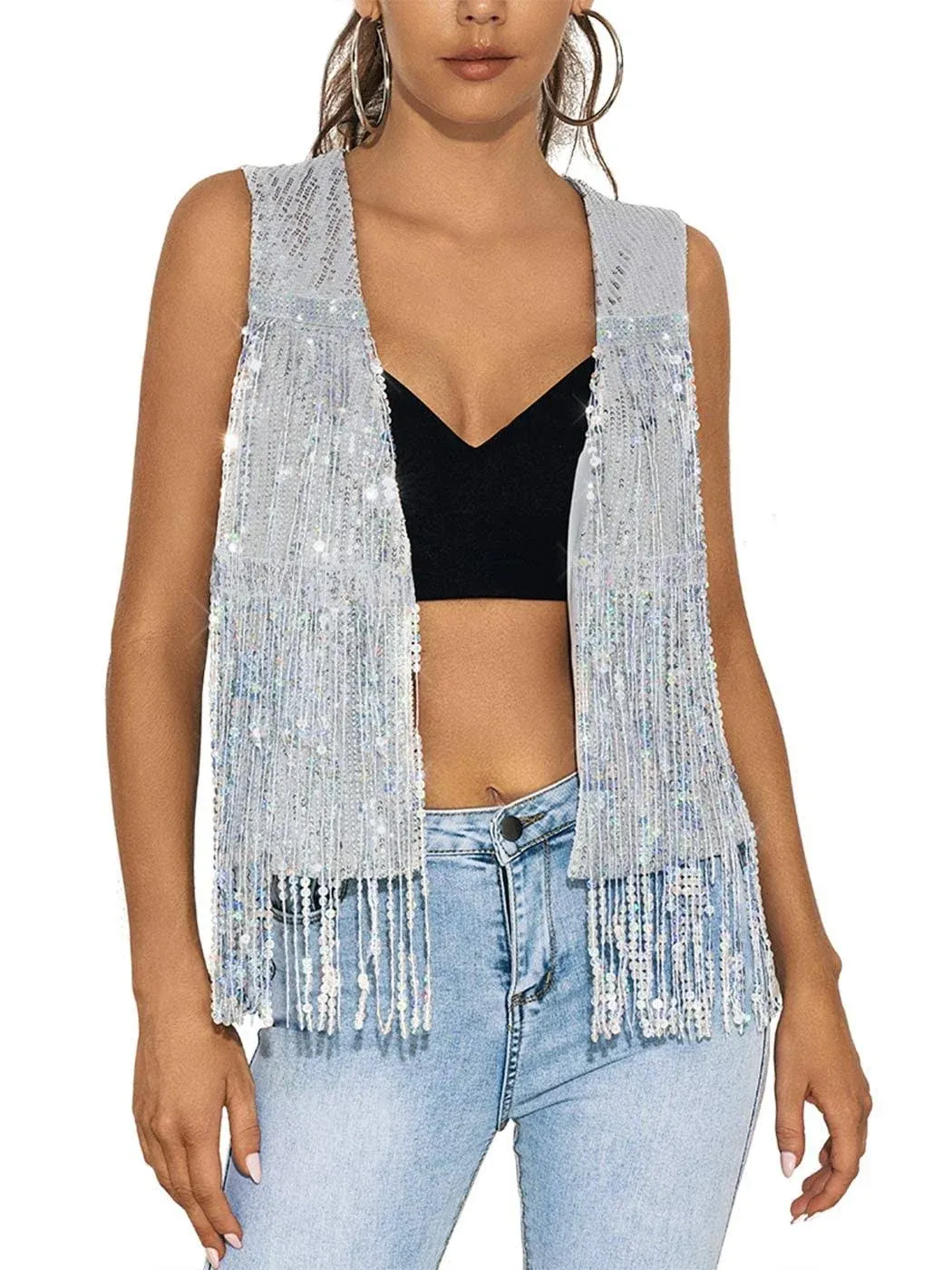 Edary Women's Sequin Sleeveless Vest Sparkly Casual Open Front Waistcoat Jackets Glitter Vest Coat