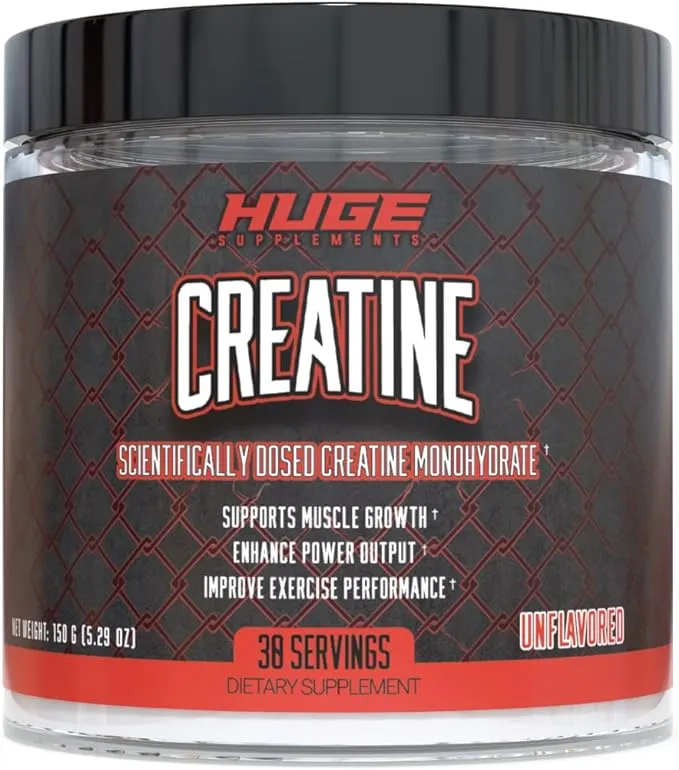 Huge Supplements Creatine Monohydrate Powder, 5000mg of Pure Creatine, Clinically Dosed to Boost Performance, Increase Muscle Strength and Size, 30 ServingsHuge Supplements Creatine Monohydrate Powder, 5000…