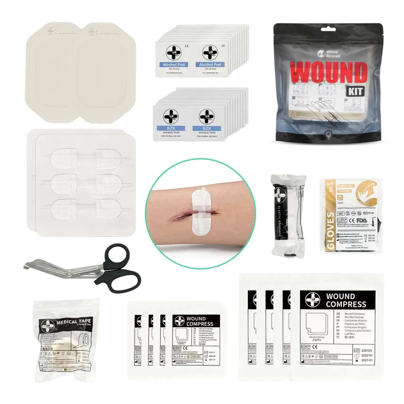 RHINO RESCUE Wound Closure Kit, 6pcs with Dresssings, Wound Closure Strips Without Suture, Stitch Zip Laceration Closure Kit for Cut Care, Adhesive Wound Closure Bandages, HSA/FSA Eligible