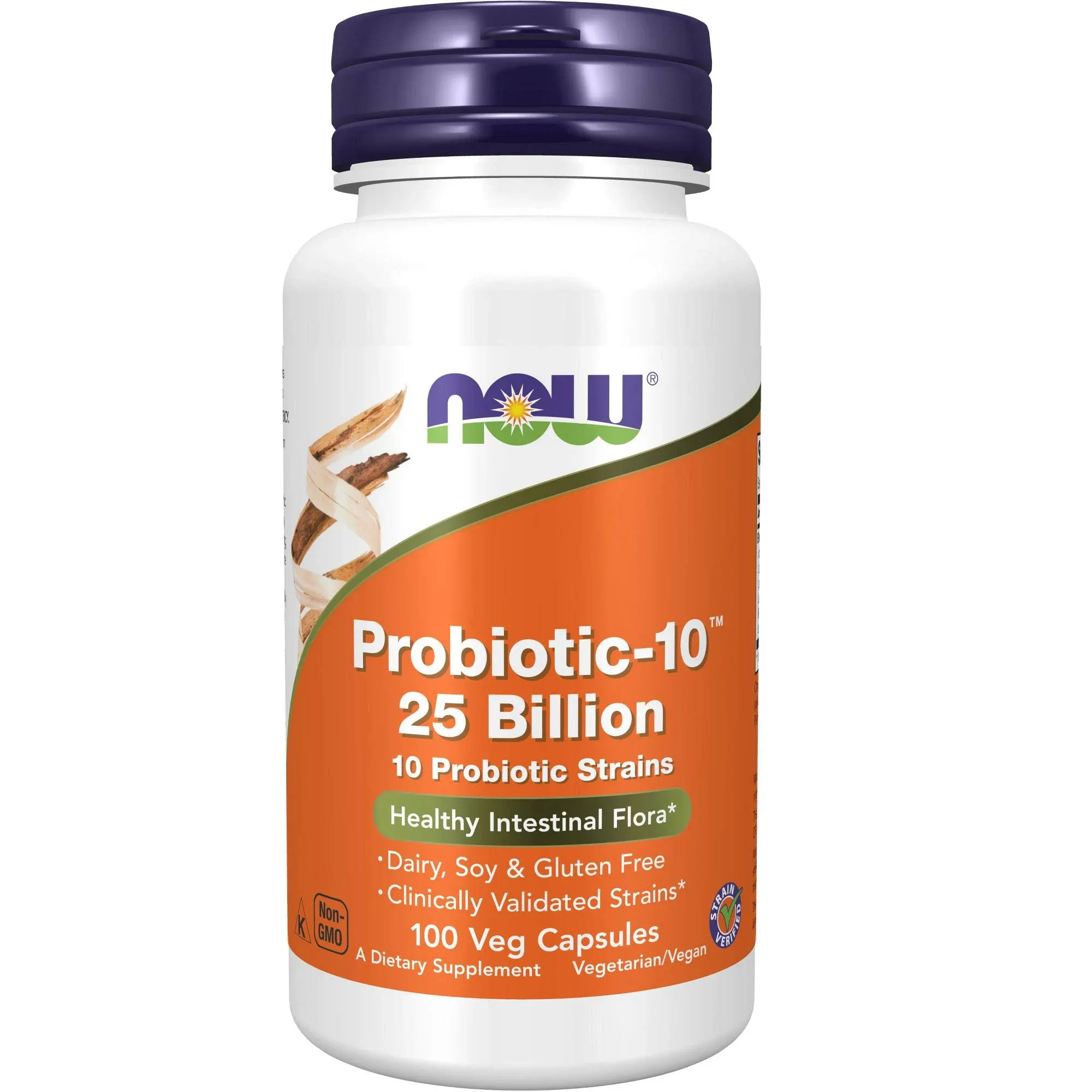 NOW Supplements, Probiotic-10™, 25 Billion, with 10 Probiotic Strains, Dairy, Soy and Gluten Free, Strain Verified, 100 Veg Capsules