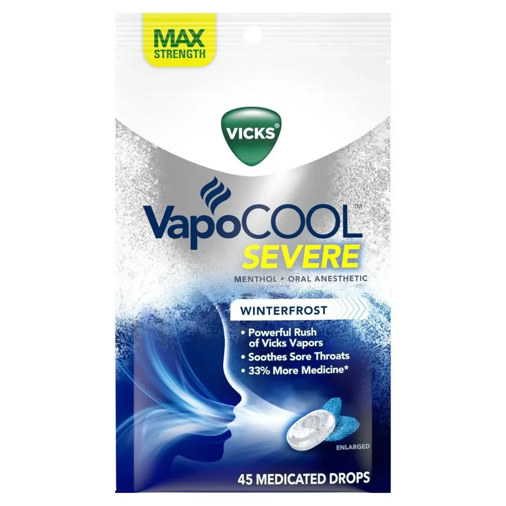 Vicks VapoCOOL Max Strength Sore Throat Drops, Fast Relief, Soothes Pain from Cough, Menthol, Winterfrost - 225 Total (5 Packs of 45)