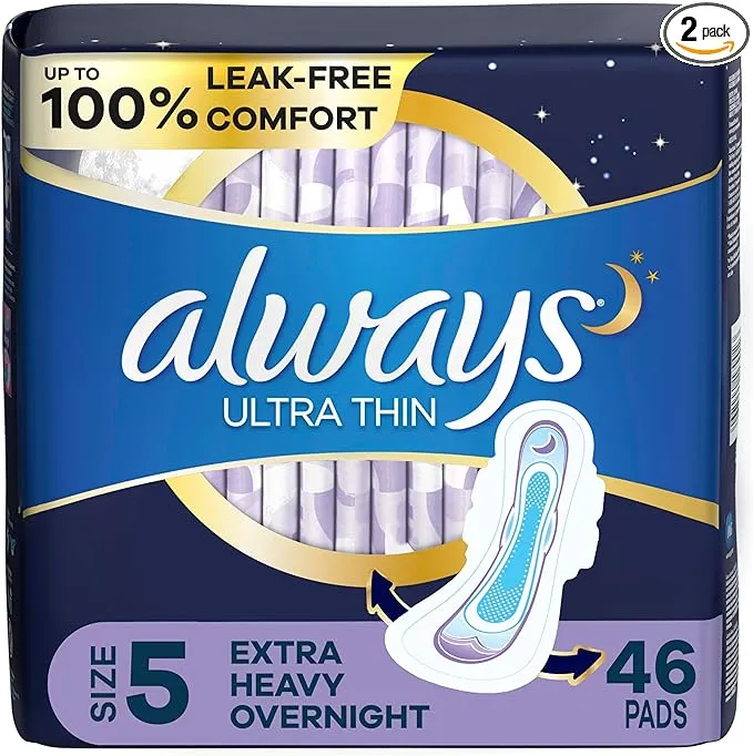 Always Ultra Thin Feminine Pads for Women, Size 5, Extra Heavy, Overnight Absorbency with Wings, 46 Count x 2 (92 Count Total)