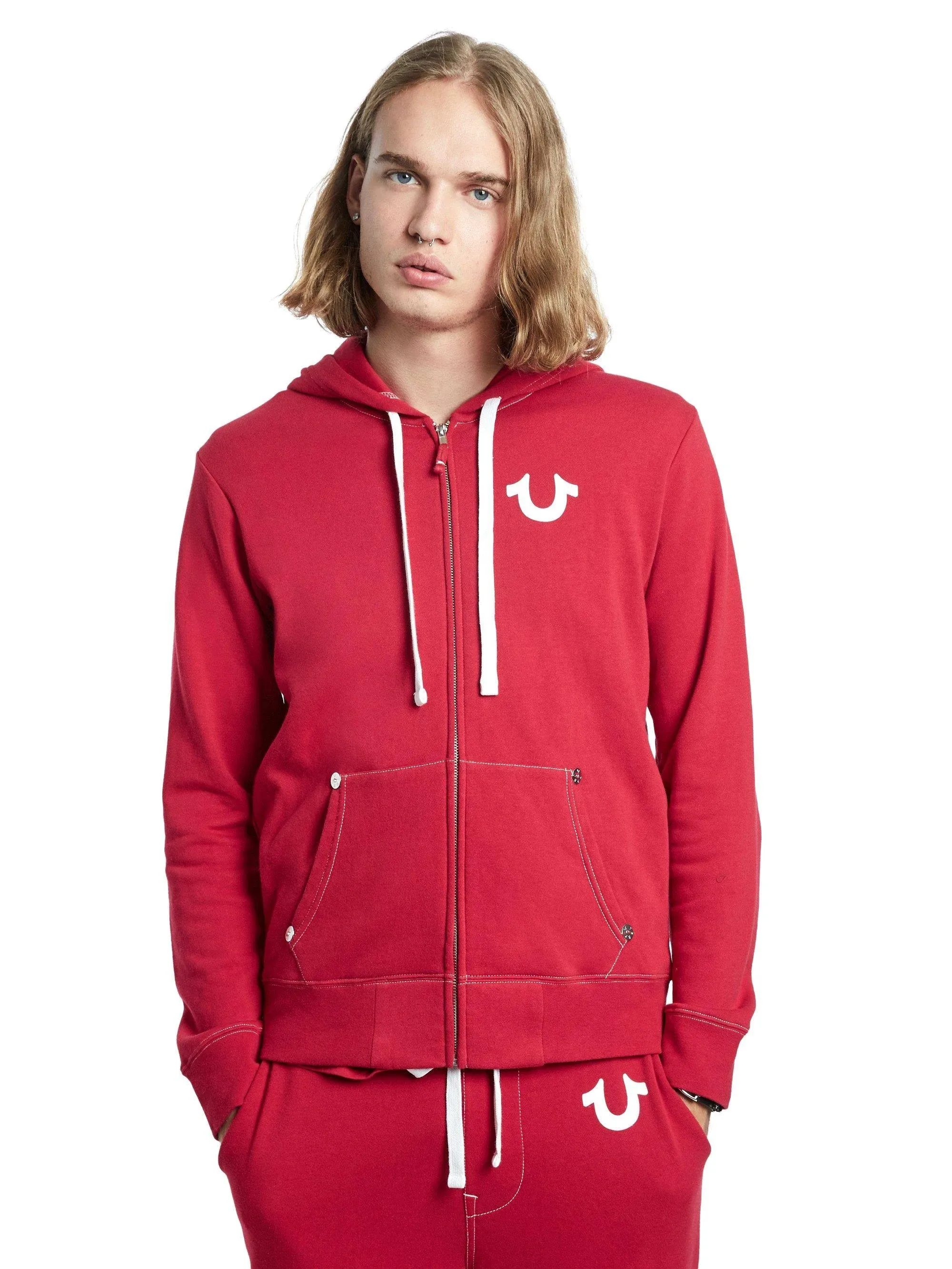 True Religion Men's Classic Logo Zip Up Hoodie Red XL