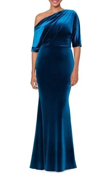 Drape One-shoulder Velvet Gown In Teal