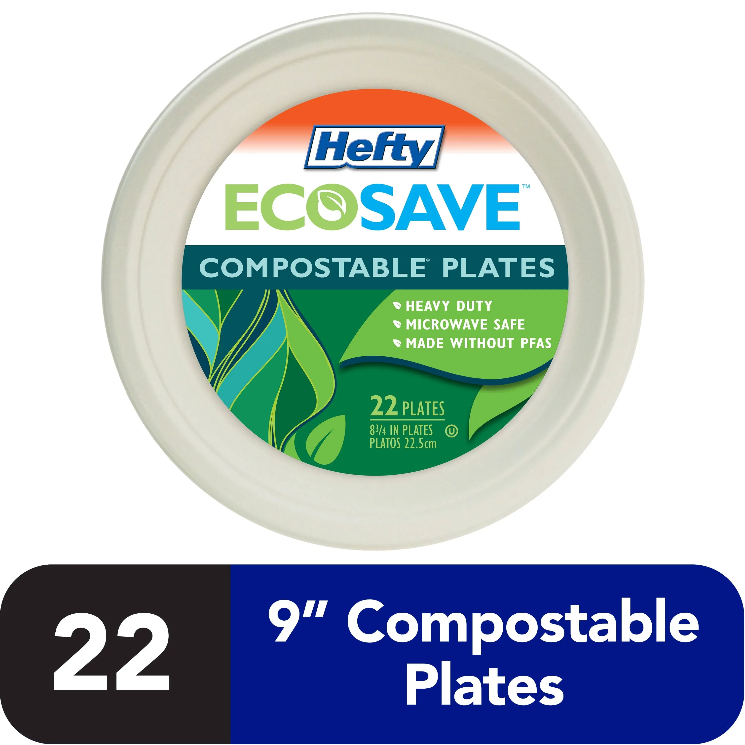 Hefty ECOSAVE Compostable Paper Plates, 10-1/8 Inch, 45 Count