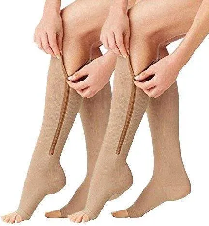 ACTINPUT 2 Pairs Compression Socks Toe Open Leg Support Stocking Knee High Socks with Zipper (Nude, L/XL)