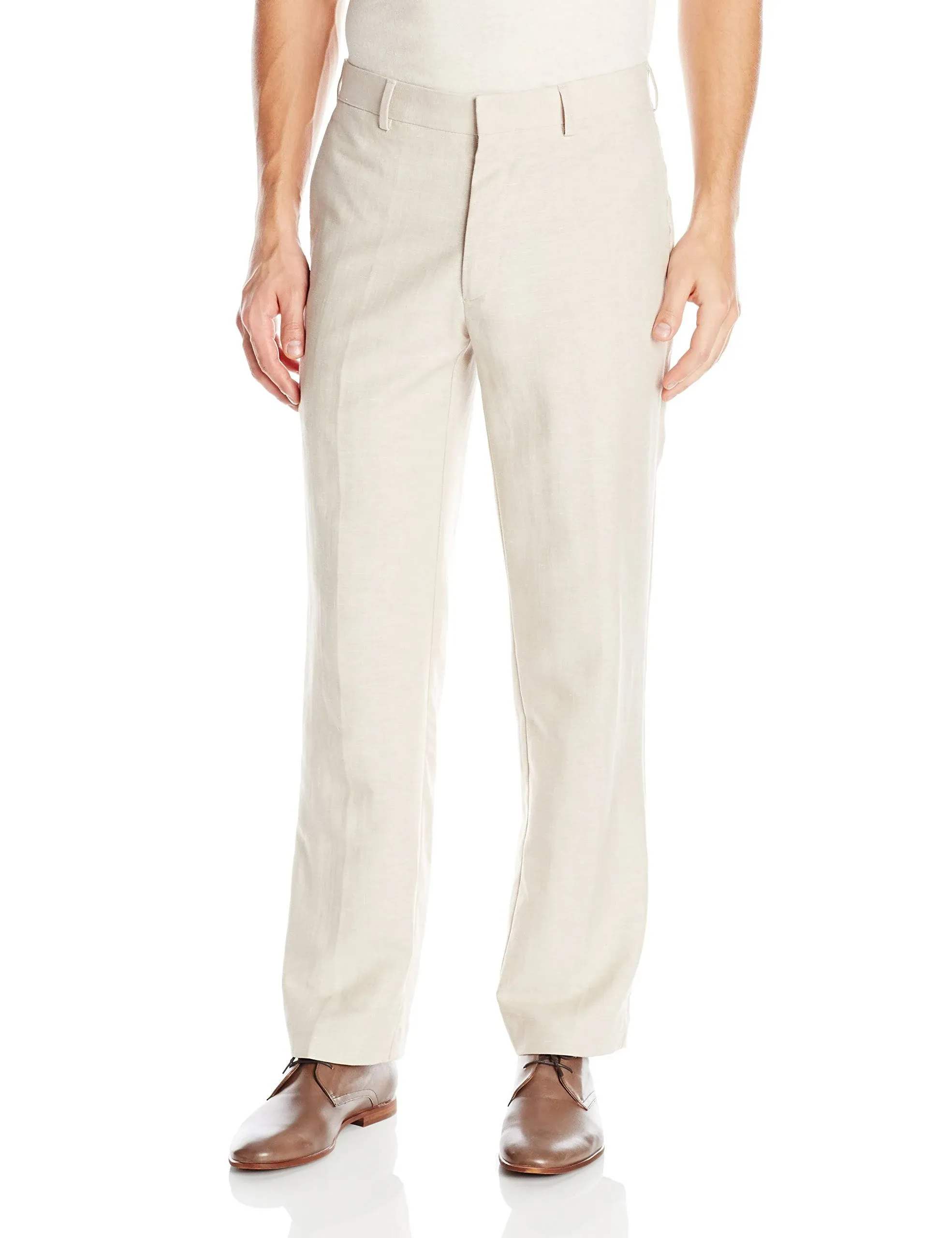 Linen-Blend Flat Front Pants