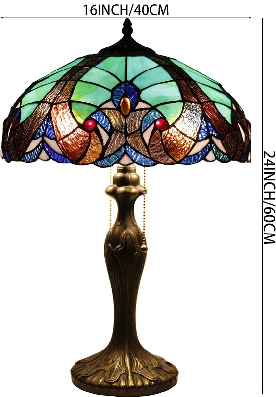 WERFACTORY Tiffany Style Lamp Green Liaison Stained Glass Bedside Table Lamp 16X16X24 Inches Desk Light Metal Base Decor Bedroom Living Room Home Office S160G Series Teal Purple