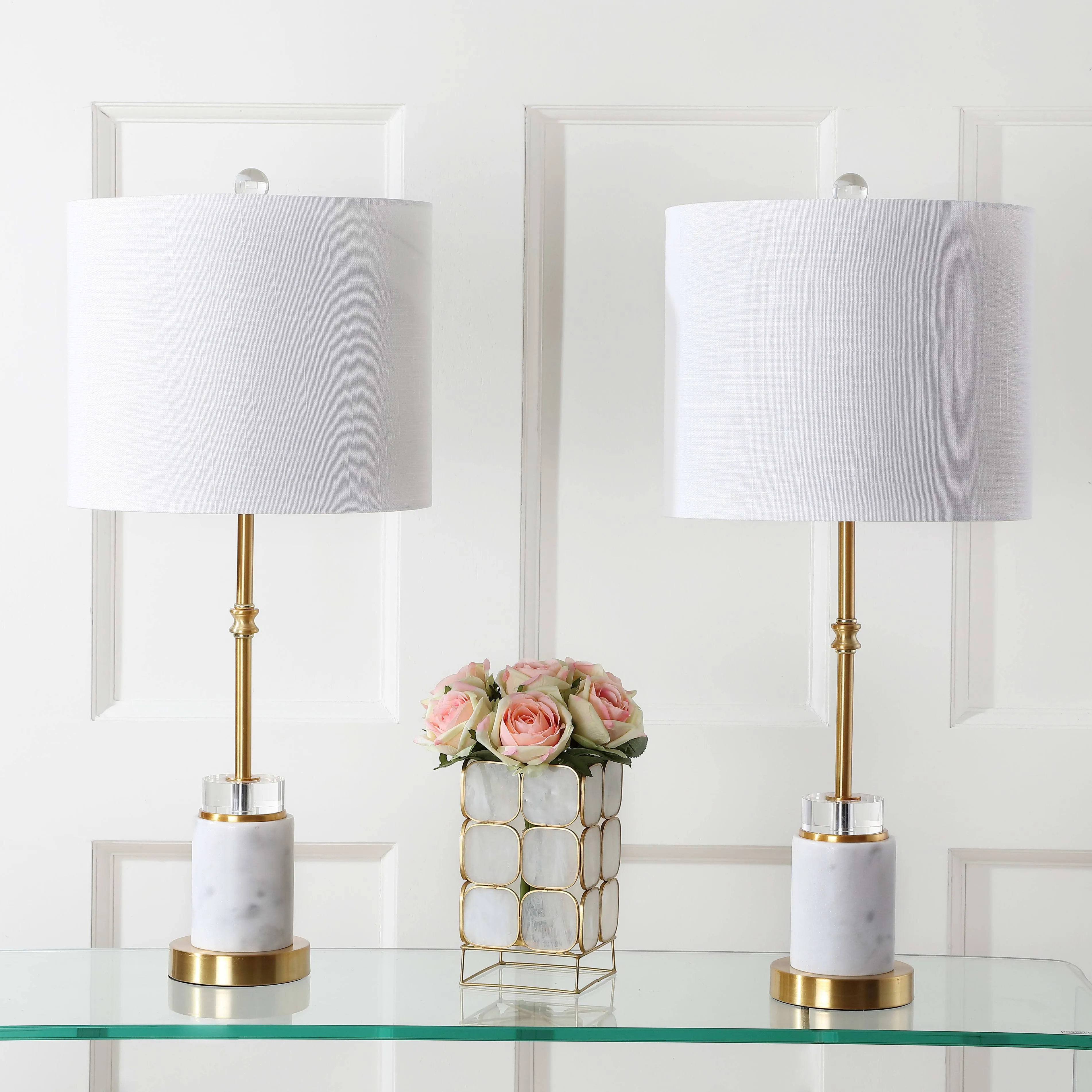 Jonathan Y Harper 27" Marble/Crystal LED Table Lamp, Brass (Set of 2), White