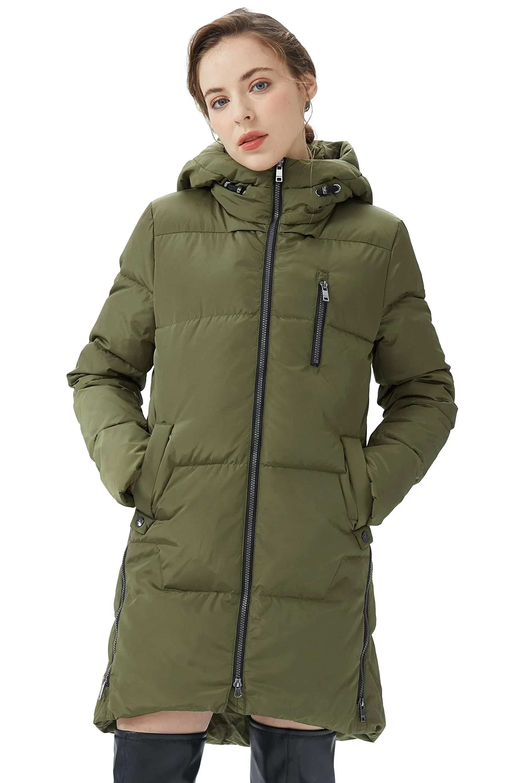 Down Hooded Jacket with Two-Way Zipper Puffer Jacket A-line Coat For Women