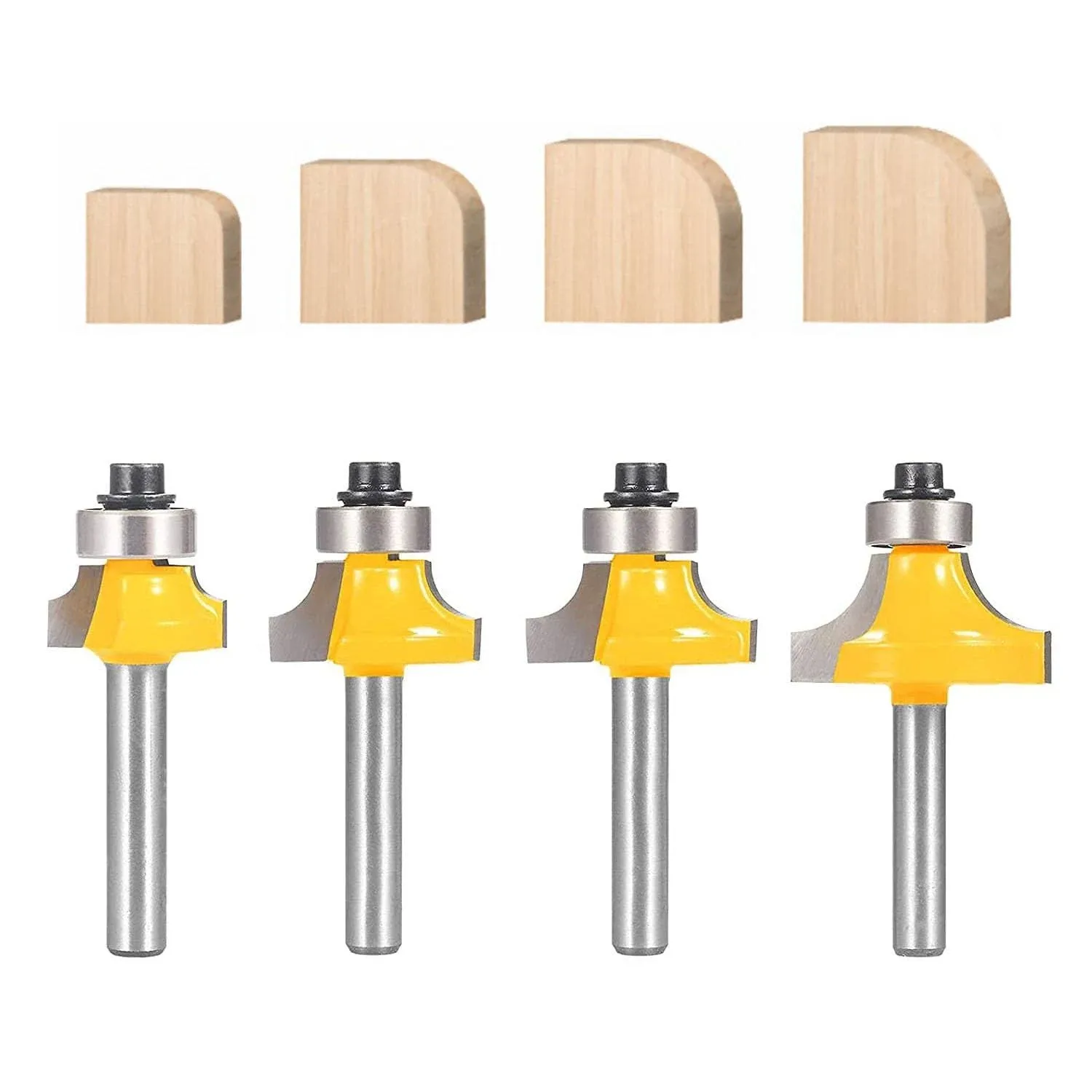 Roundover Router Bit Set，4pcs Router bit Set，1/4 inch Shank，Radius in 1/8", 1/4", 3/16", 5/16"，Bearing Guide for Rounding Edge bit