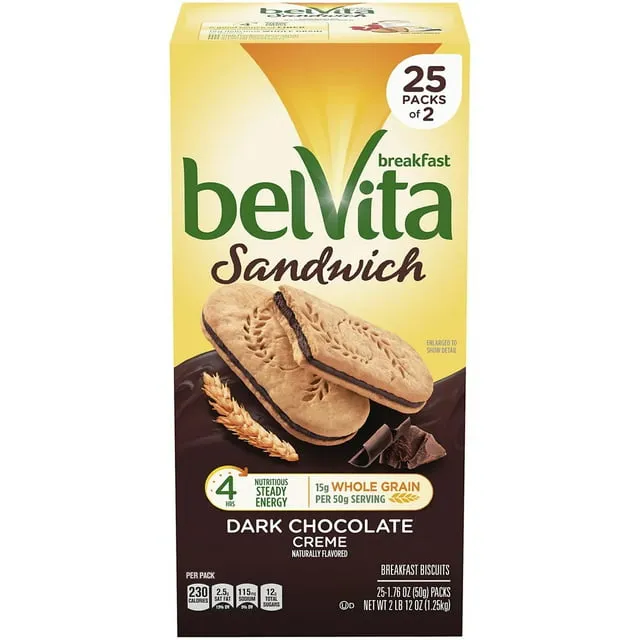 belVita Breakfast Sandwich Dark Chocolate Creme Breakfast Biscuits, 30 Total Packs, 6 Boxes (2 Sandwiches Per Pack)