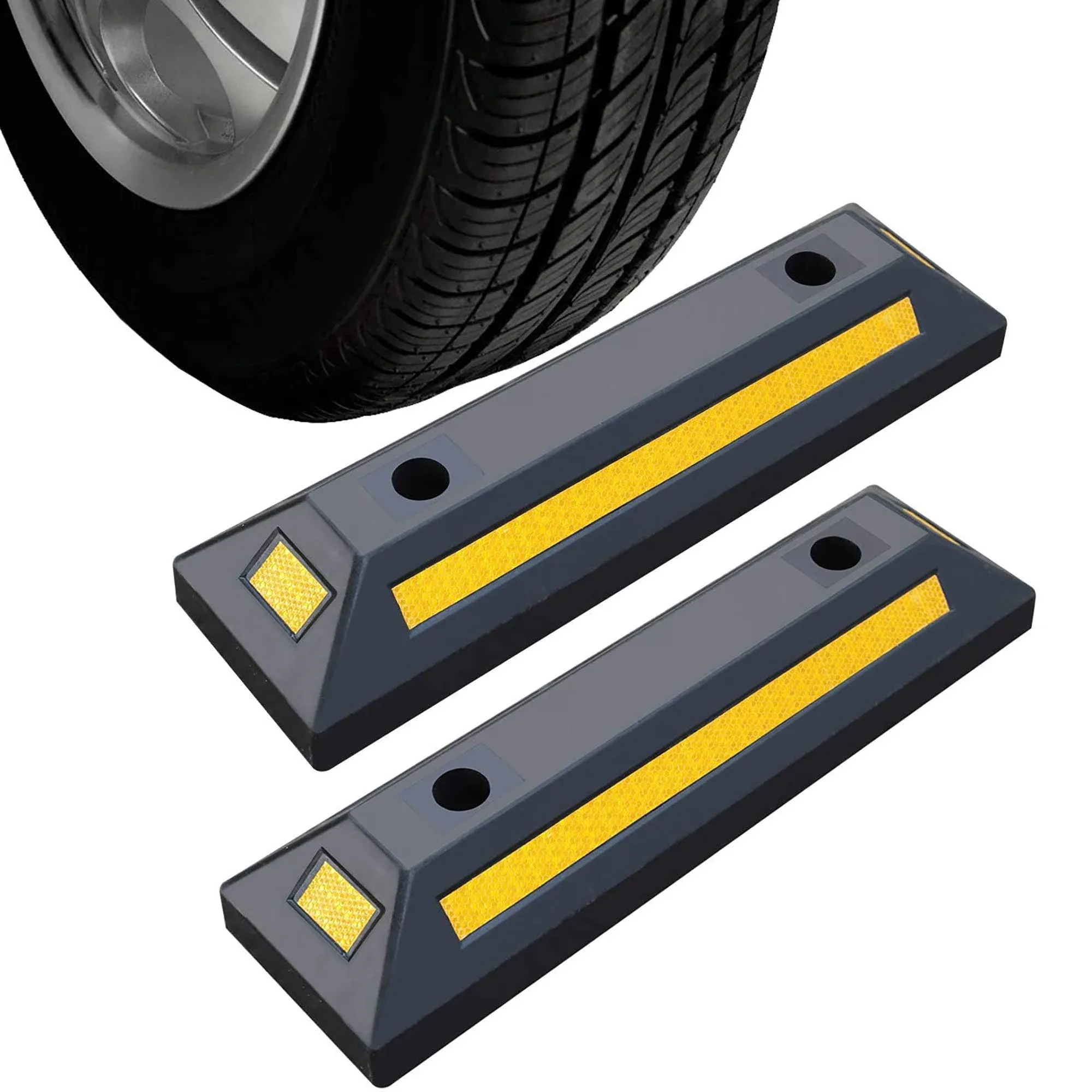 RELIANCER 2 Pack Rubber Parking Guide Blocks Heavy Duty Wheel Stop Stoppers for Car Garage Parks Professional Grade Parking Rubber Curb w/Yellow