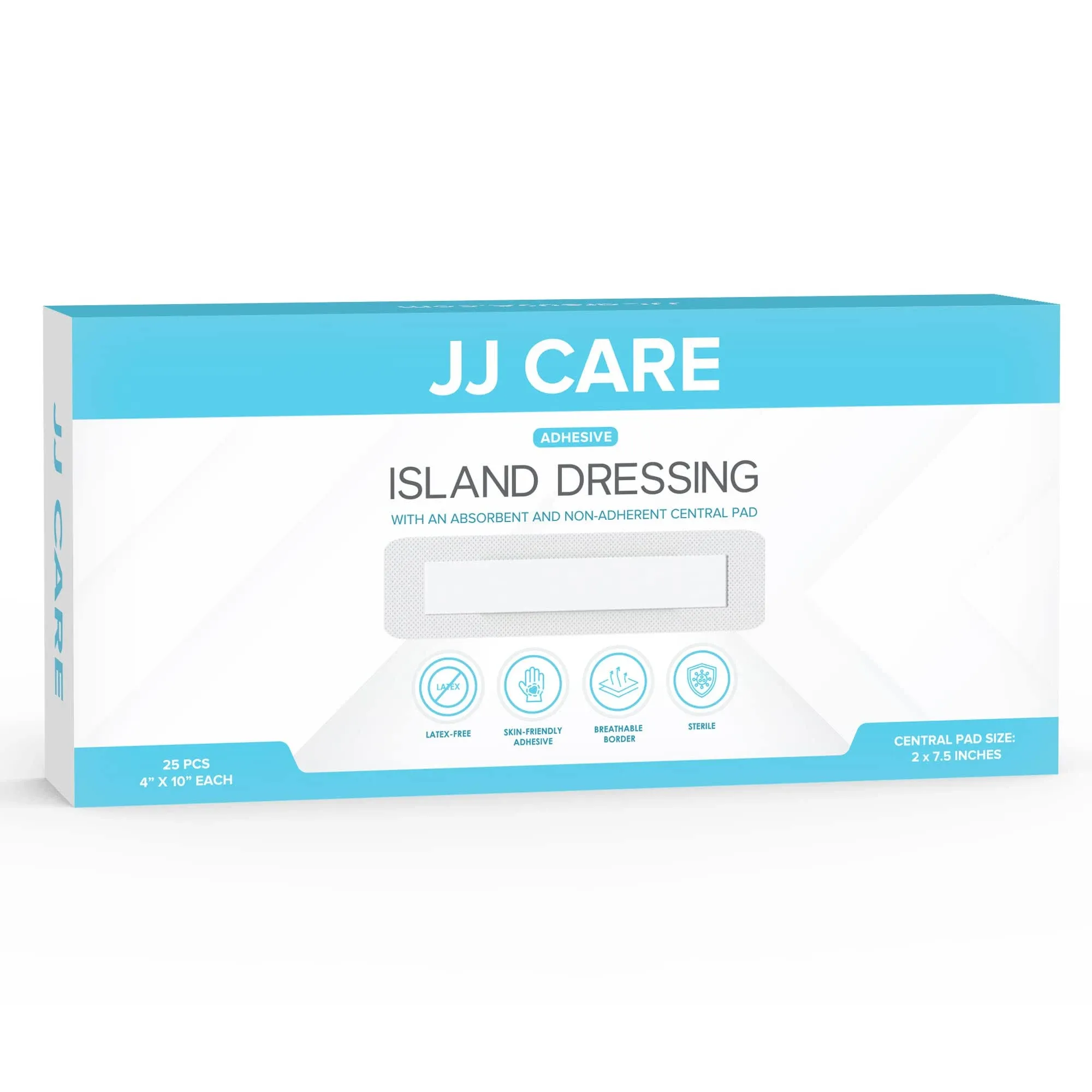 JJ CARE Adhesive Island Dressing [Pack of 25], 4” x 10” Sterile Island Wound Dressing, Breathable Bordered Gauze Dressing, Individually Wrapped Island Wound Bandages with Non-Stick Central Pad