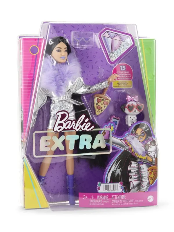 Barbie Extra Fashion Doll with Black Hair, Metallic Silver Jacket, Accessories and Pet