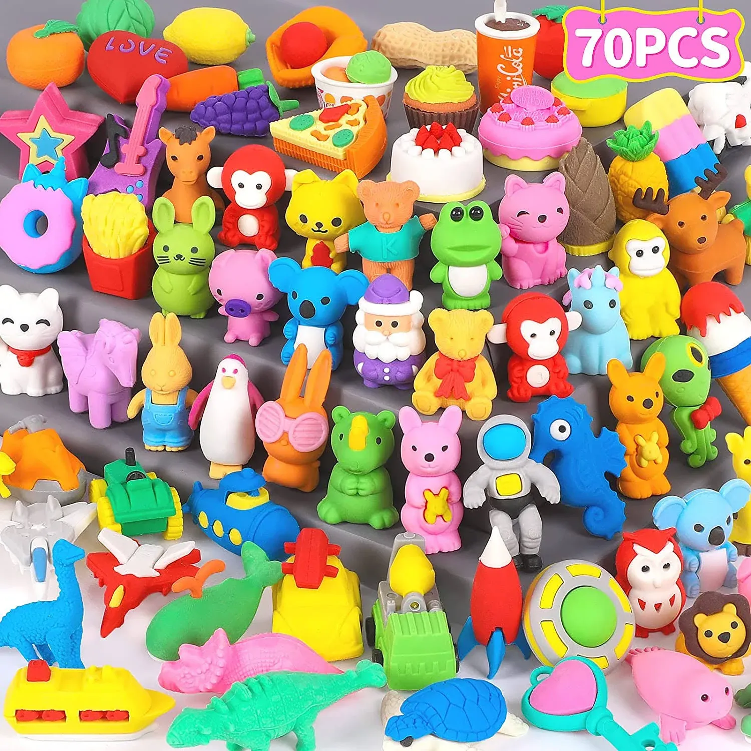 Arscniek 70 Pack Animal Erasers for Kids Bulk Desk Pets Classroom Prizes Treasure ...