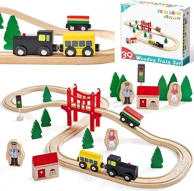 Tiny Land Wooden Train Set for Toddler - 39 Pcs- with Wooden Tracks fits Thomas, fits Brio, fits Chuggington, fits Melissa and Doug - Expandable, Changeable-Train Toy for 3 4 5 Years Old Girls & Boys