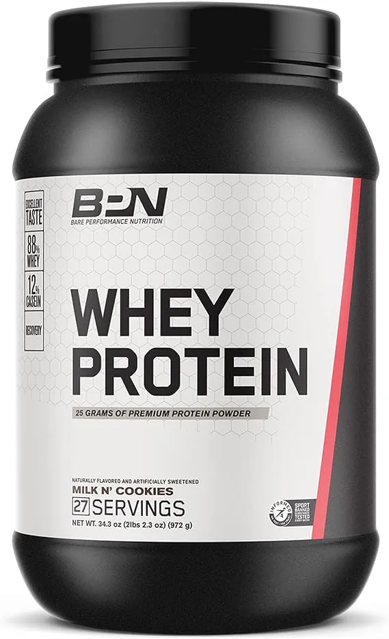 BARE PERFORMANCE NUTRITION, BPN Whey Protein Powder, Cinnamon Roll, 25g of Protein, Excellent Taste & Low Carbohydrates, 88% Whey Protein & 12% Casein Protein, 27 Servings