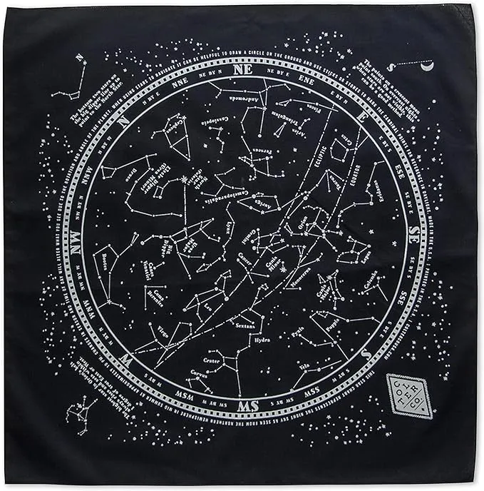 Glow In The Dark Stargazer Bandana - 100% Cotton Black Bandana with Star Chart Design - Made In The USA (22" x 22")