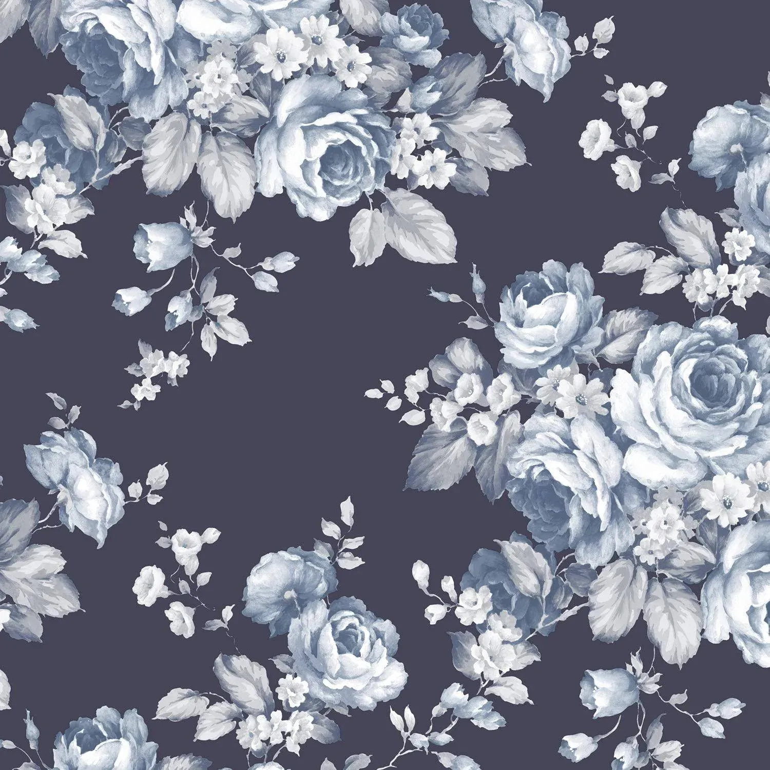 Norwall AF37703 Grand Floral Pre-Pasted Wallpaper, Blue, Navy, 56 Sq Ft