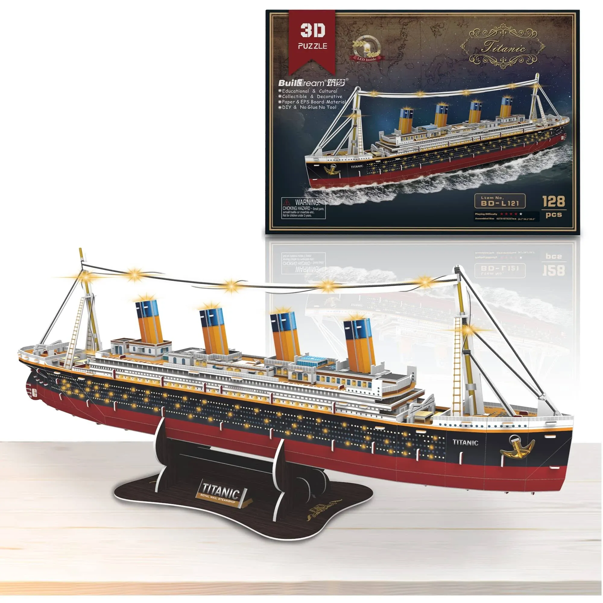 Fanbusa 3D LED Titanic Toys Puzzle for Adults to Build, Large Desk Decoration Titanic Model Sailboat, Watercraft Ship Puzzle with Lights for Men Women Wedding Anniversary Valentines Day Gifts