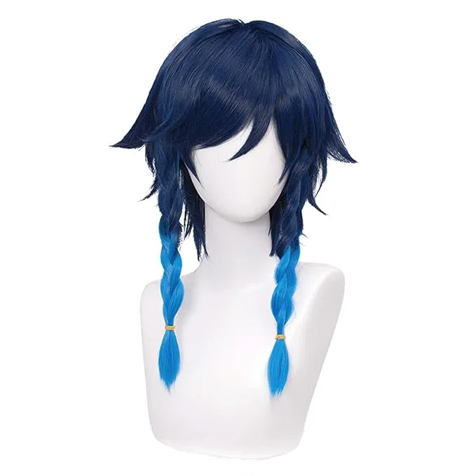 SL Blue Ponytail Wig for Kaeya Cosplay Costume Game Role Fluffy Curly Anime Cosplay Hair Wigs with Pigtail Bangs + CapSL Blue Ponytail Wig for Kaeya Cosplay Costume Game Role Fluffy Curly Anime Cosplay Hair Wigs with Pigtail Bangs + Cap