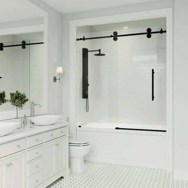 VIGO Tub Door 56-60&#034;Wx66&#034;H Sliding Frameless Left/Right-Sid<wbr/>e Opening Matte Black