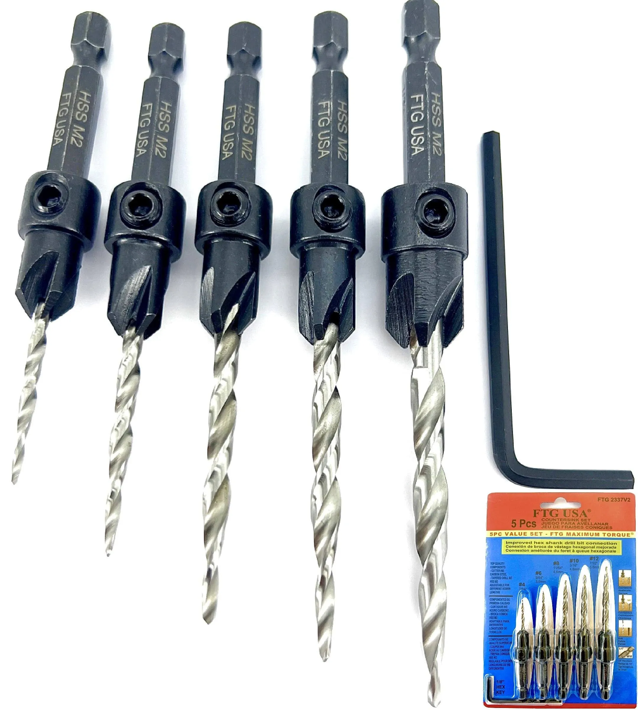 Adjustable Wood Countersink Drill Bit Set 5 Pc Countersink Drill Bit #4#6#8#10#12 Tapered Drill Bits for Woodworking