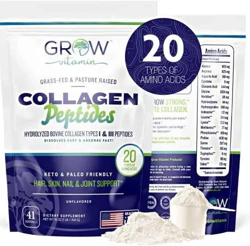 Grow Vitamin Collagen Peptides - Hair, Skin, Nail, and Joint Support - Type I & III Collagen