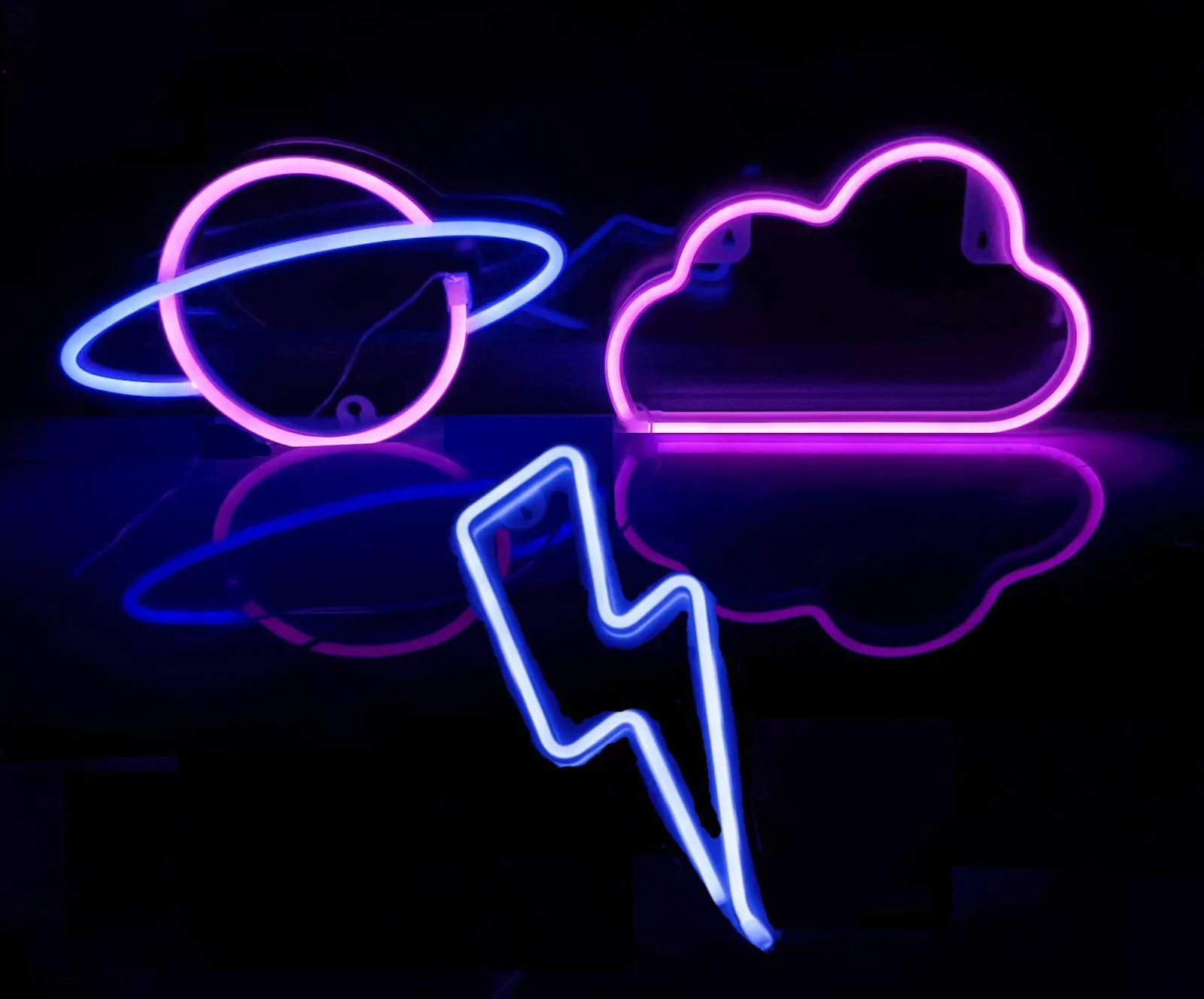 VIOPVERY 3 Pcs Neon Cloud Lightning Planet Signs for Bedroom Wall Decor, LED Lights for Kids Room, Gift, Party, Birthday, Christmas, Wedding, Bar