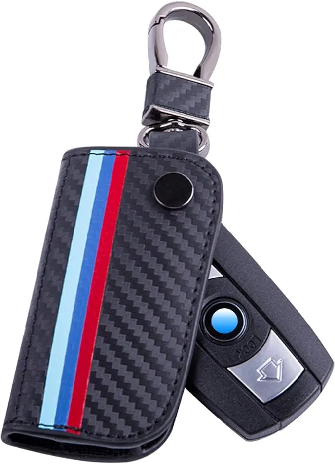 JKCOVER Key Fob Holder Protector Compatible with BMW Remote Fob, M-Colored Stripe Black Carbon Fiber Pattern Leather Key Cover with Keychain (for Older 1 3 5 6 Series X5 X6 Z4)