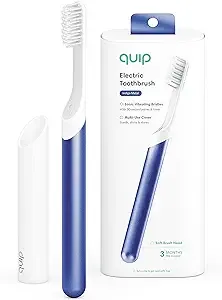 Quip Adult Electric Toothbrush - Sonic Toothbrush with Travel Cover & Mirror Mount Soft Bristles Timer and Plastic Handle - Blue