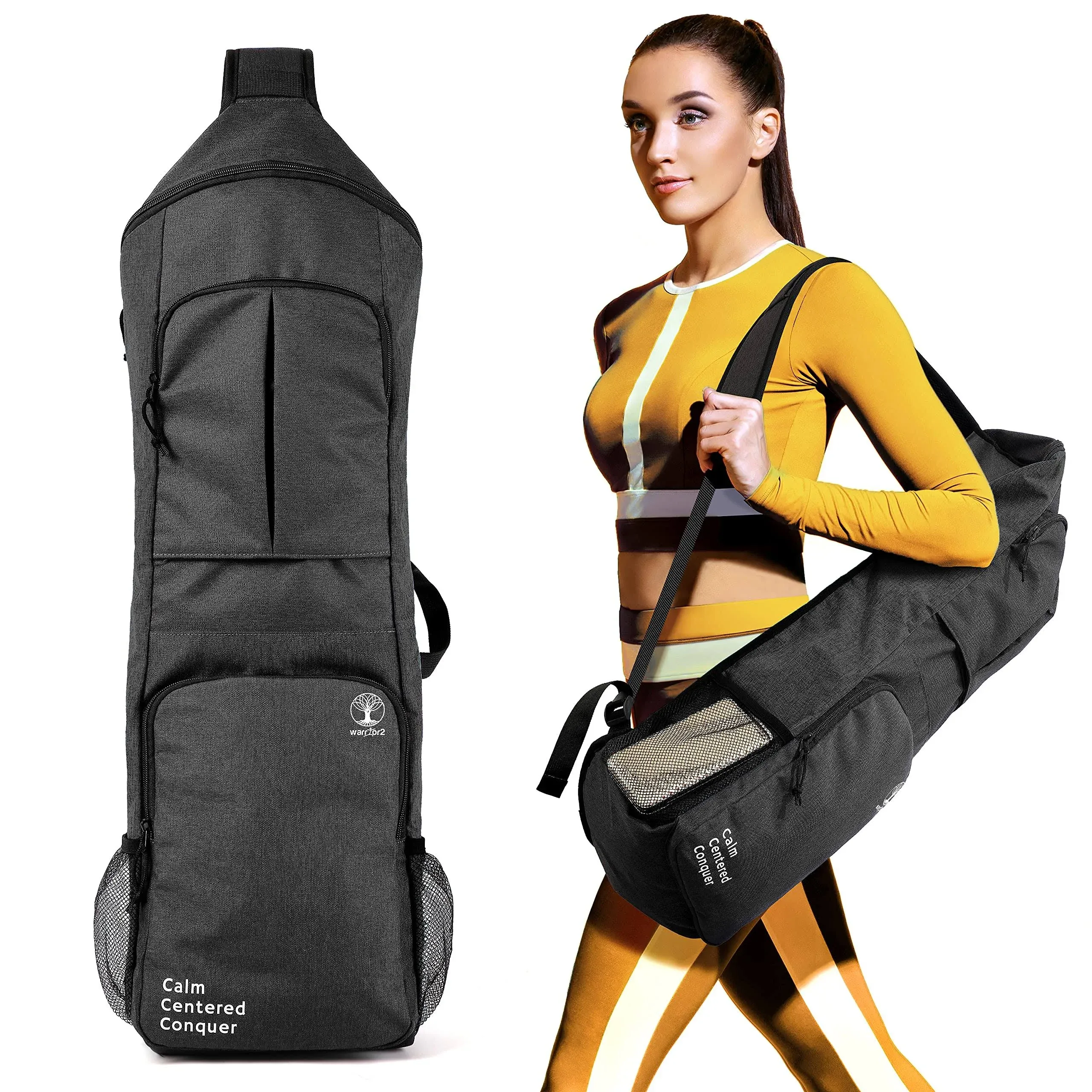 Yoga Mat Bag Carrier - Large Pockets & Water Bottle Holders. Yoga Backpack Fits 0.5" Thick x 26" Wide Mats. Hands-Free, Left-Right Switchable, Yoga, Gym, Cycling