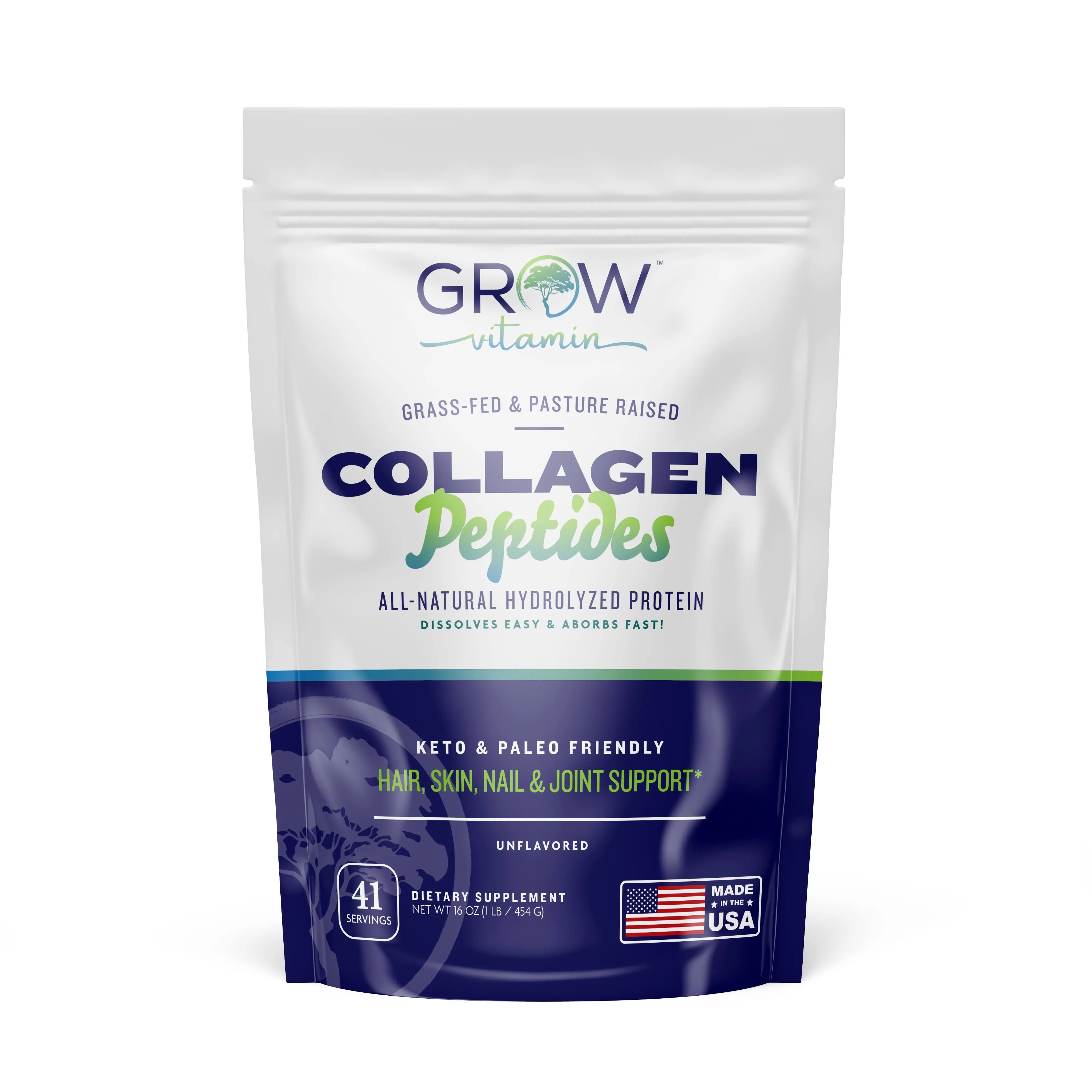 grow vitamin Collagen Peptides Powder, Grass Fed Bovine Collagen Powder Type I & III, Promotes Hair, Nail, Skin Health and Beauty, Supports Bone and Joint Health, Unflavored, 20 OZ, 56 Servings