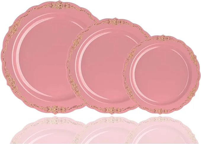 Exquisite 60 Pcs Disposable Plastic Plates | Victorian Design Premium Disposable Plates | 9 inch. Pink & Gold China Like Plastic Plates For Parties & Weddings