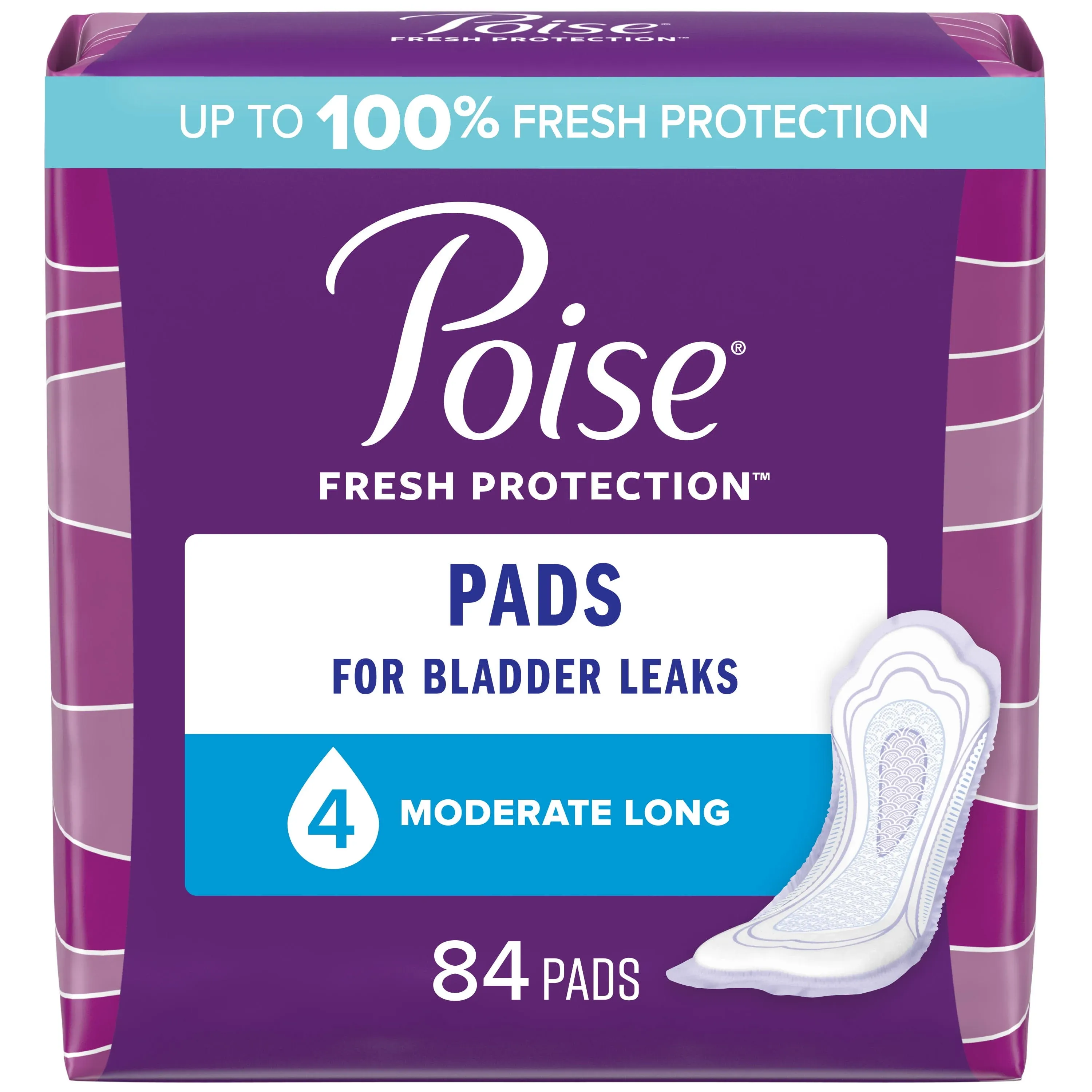 Poise Incontinence Pads for Women, Moderate Absorbency, Long, 84 Count (Packaging May Vary)