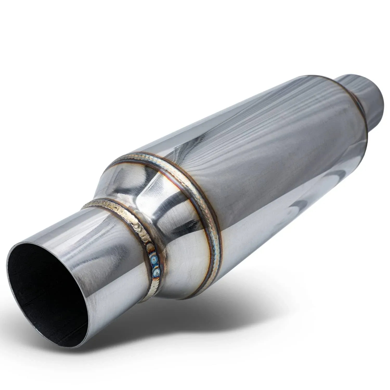 M-AUTO Exhaust Muffler, Universal 16" Overall Length Stainless Steel 2.25" Inlet and Outlet Exhaust Muffler Assembly, Chrome