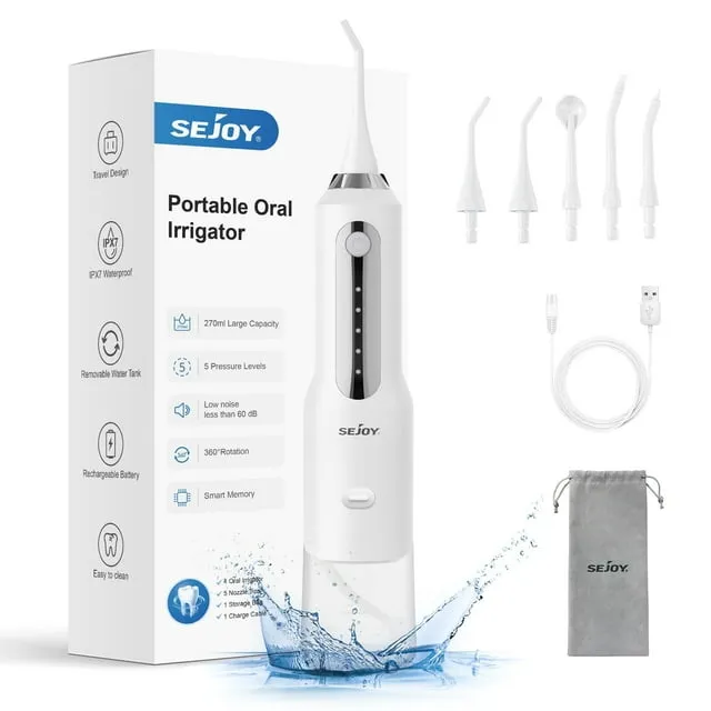 SEJOY C10S-WHI 270ml Tank USB Rechargeable Dental Oral Irrigator Teeth Cleaner 5 Modes and Ipx7 Waterproof, White