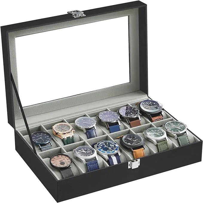 SONGMICS Lockable Watch Box with Glass Lid, Black + Black / 12 Slot / 1