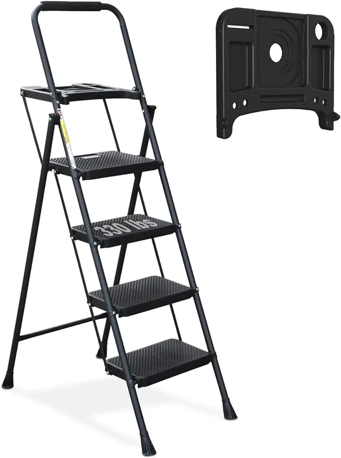 HBTower 3 Step Ladder, Folding Step Stool with Wide Anti-Slip Pedal, 500lbs Sturdy Steel Ladder, Convenient Handgrip, Lightweight, Portable Steel