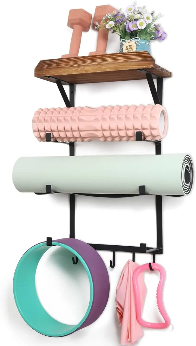 Yoga Mat Holder, Wall Mount Yoga Mat Rack Home Gym Accessories, Storage for Foam Roller, with Wood Floating Shelves and 5 Hooks for Hanging Yoga Strap and Resistance Bands