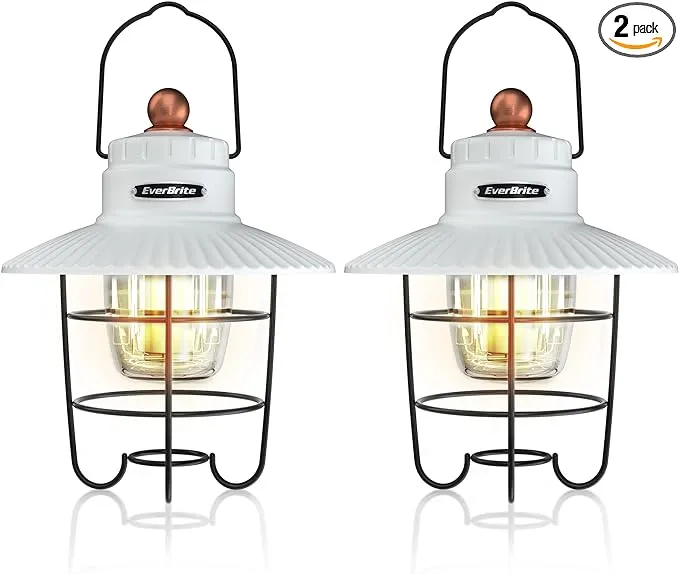 EverBrite LED Camping Lantern Pack of 2, USB C Rechargeable Lantern with 3 Light Modes, Vintage Outdoor Lanterns with Power Bank Function for Power Outages, Hurricane, Emergency, Fishing