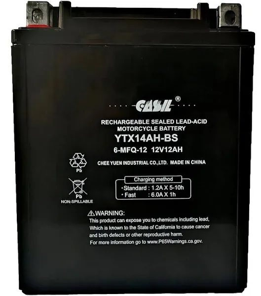 YTX14AH - 12 Volt 12AH 210 CCA - High Performance Maintenance Free SLA AGM Power Sport Battery - Casil Battery, YTX14AH-BS