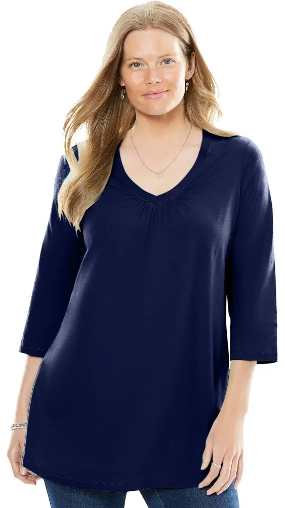 Woman Within Women's Plus Size Perfect Three-Quarter Sleeve Shirred V-Neck Tee ...