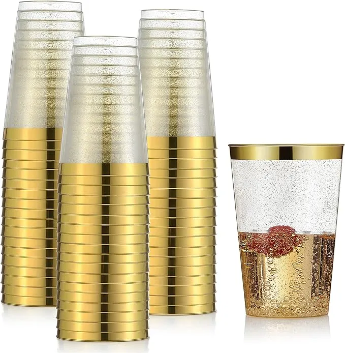 I00000 100 Pack 12 oz Gold Plastic Cups, Gold Rimmed Disposable Cups, Gold Plastic Wine Glasses Plastic Cocktail Glasses Premium Cups with Gold Rim, 12 Ounce Gold Plastic Tumblers For Party