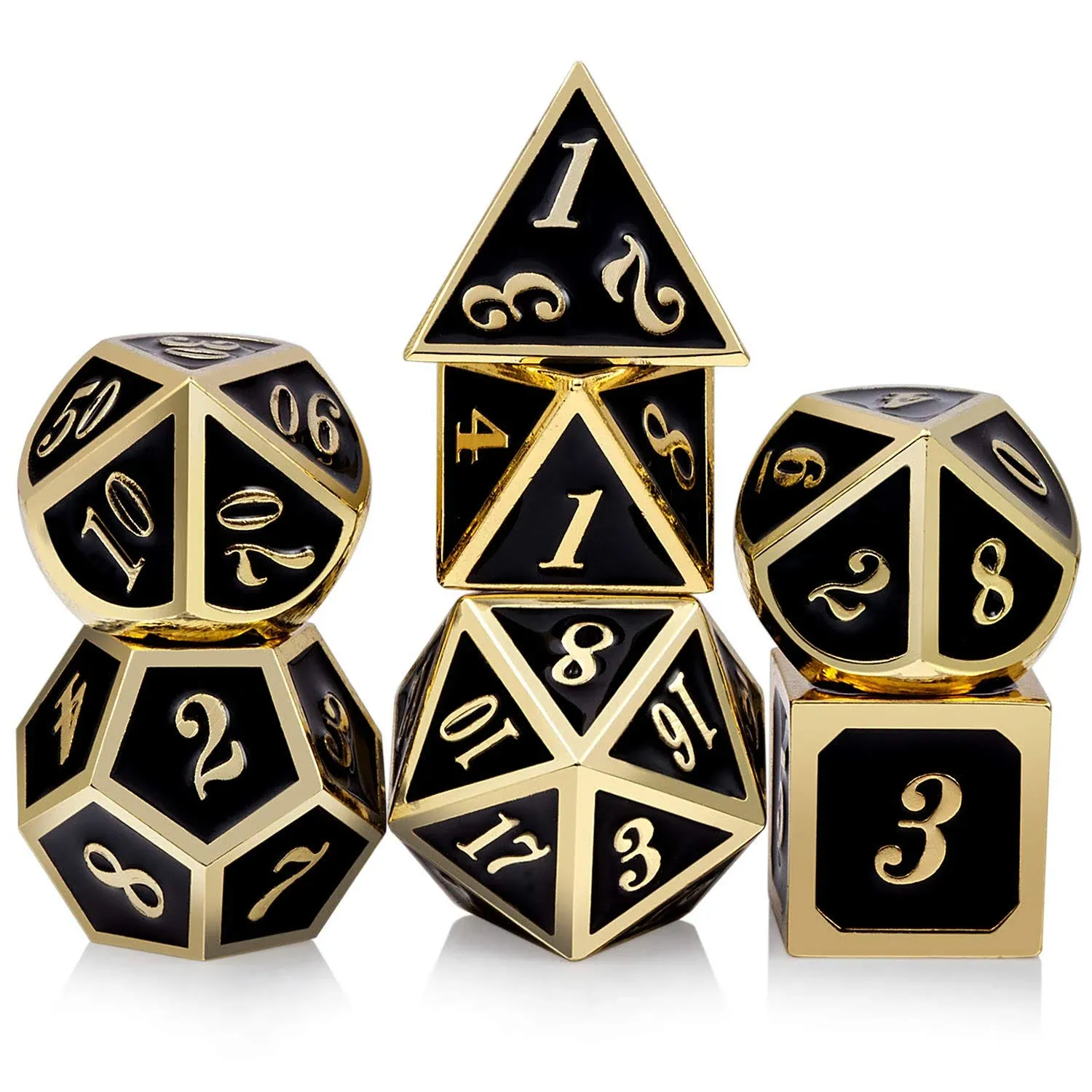 DNDND Metal Dice Set D&D, 7 Die Metal Polyhedral Dice Set with Gift Metal Box and Gold Number for DND Dungeons and Dragons Role Playing Games (Black