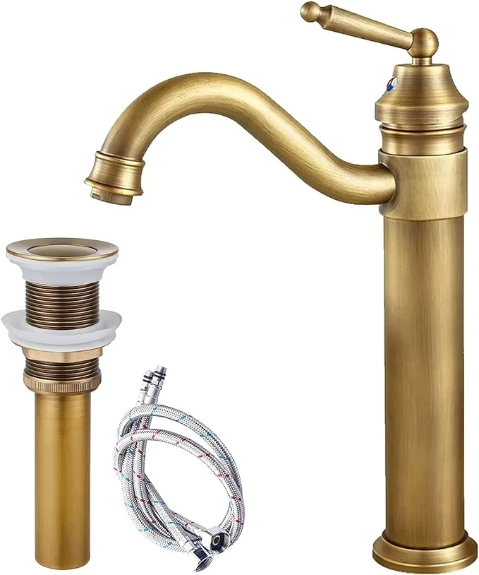 Antique Brass Single Handle Bathroom Sink Faucet Brushed Brass Long Reach Bathroom Faucet Mixer Tap Brushed Brass Pop Up Drain Without Overflow Included Hot and Cold Water