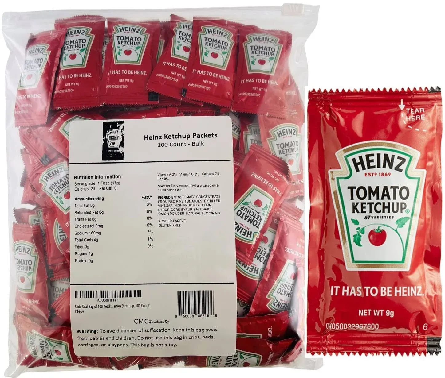 Heinz Ketchup Packets 9g - 100 Count - Ketchup Condiment Packs in LK Food Safe Slide Seal Bag, Bundle Packaged by CMC Products